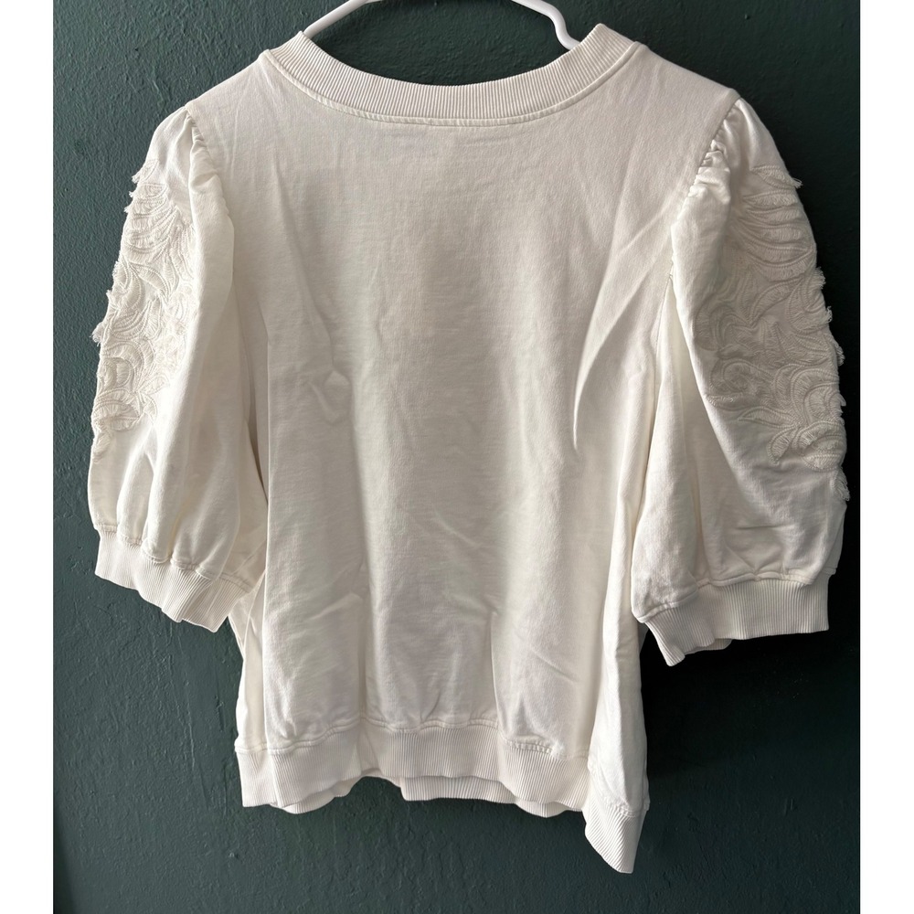 Anthropologie Embroidered Puff-Sleeve Sweatshirt L Ivory Floral Crewneck - Picture 3 of 8